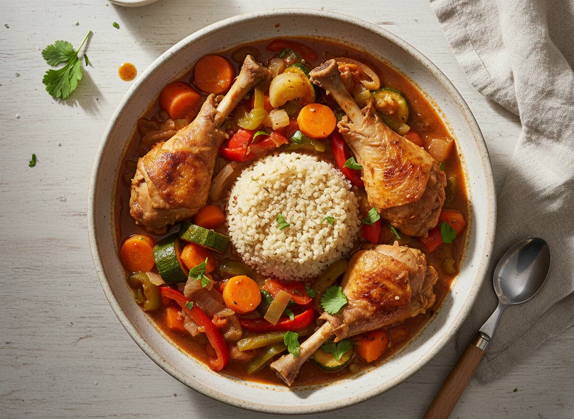 Pollo guisado con verduras y quinoa photo