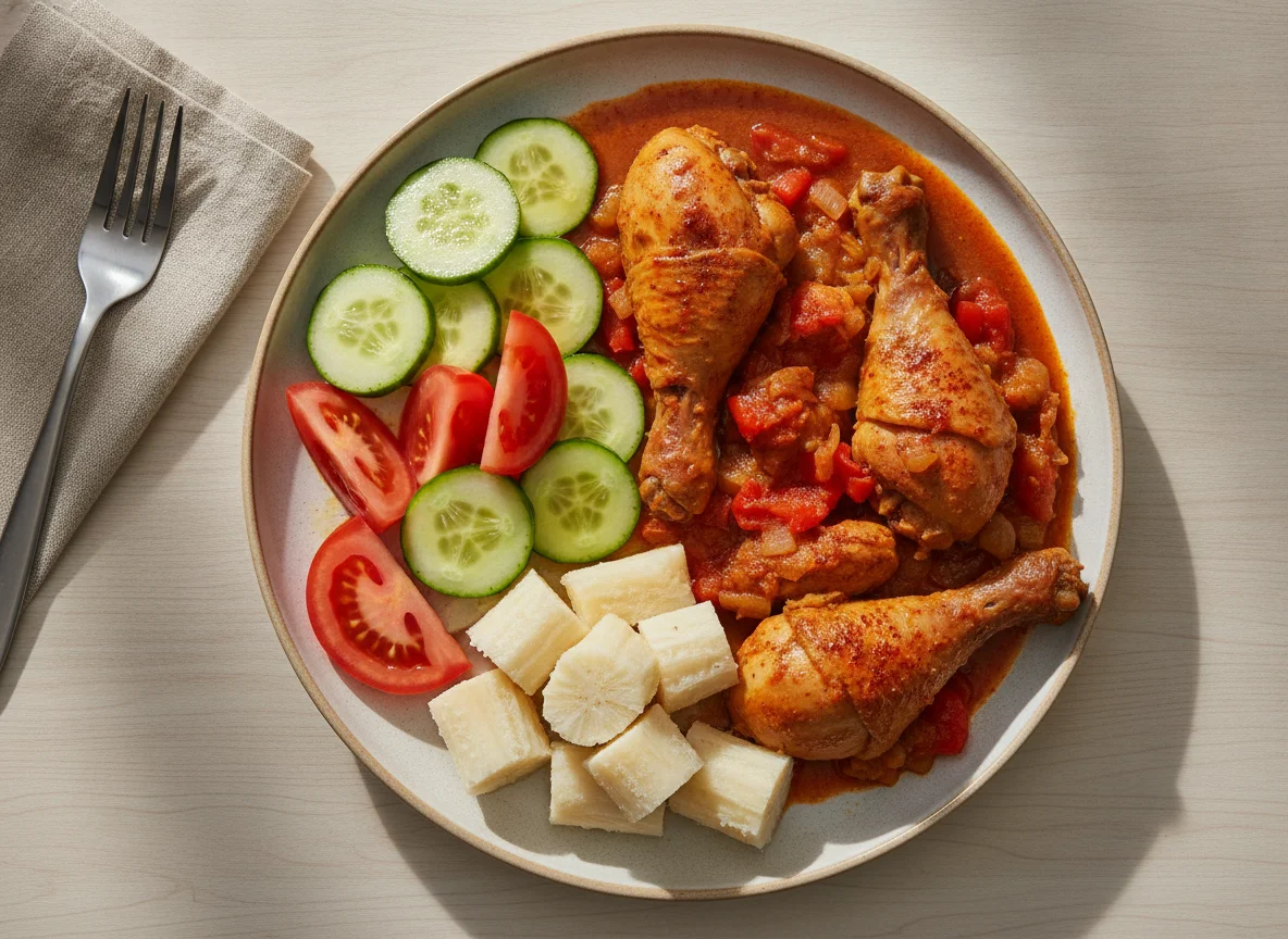 Pollo guisado con yuca y ensalada photo