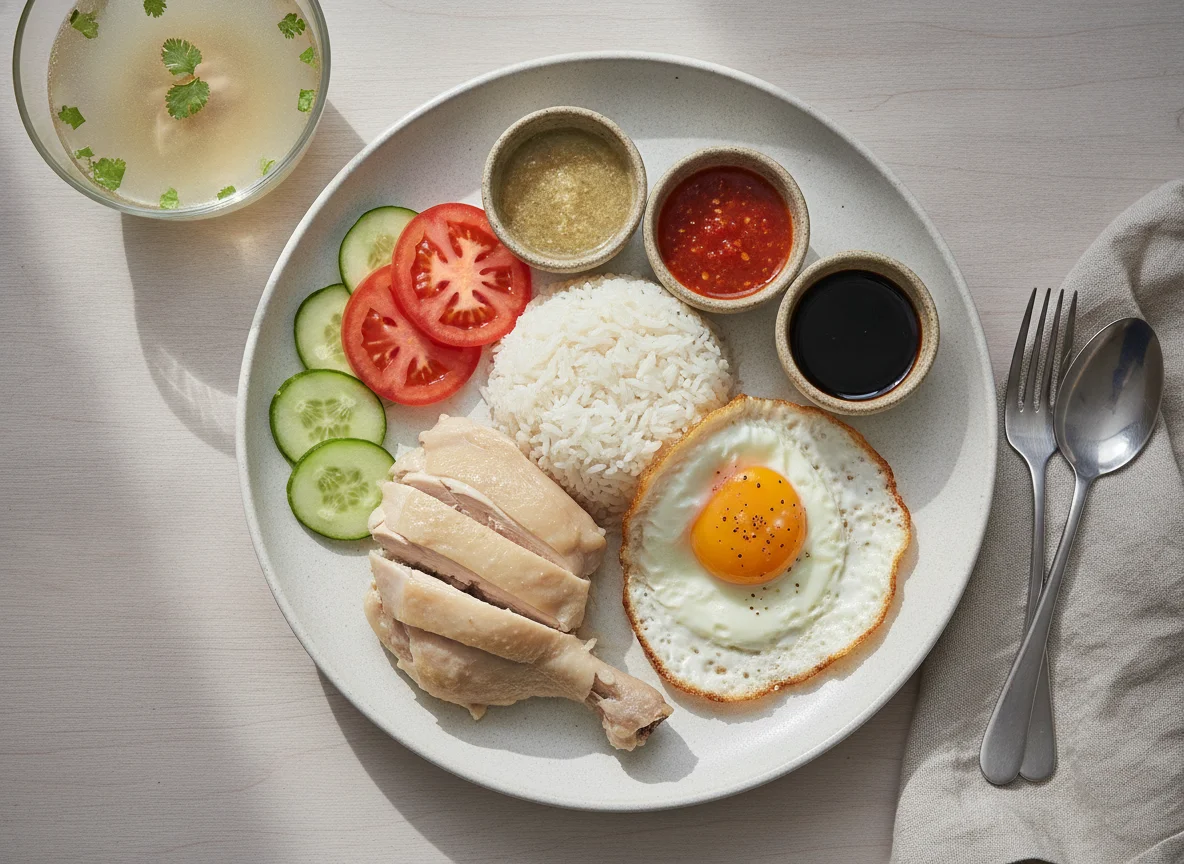 Pollo Hainan con Arroz y Huevos Fritos photo