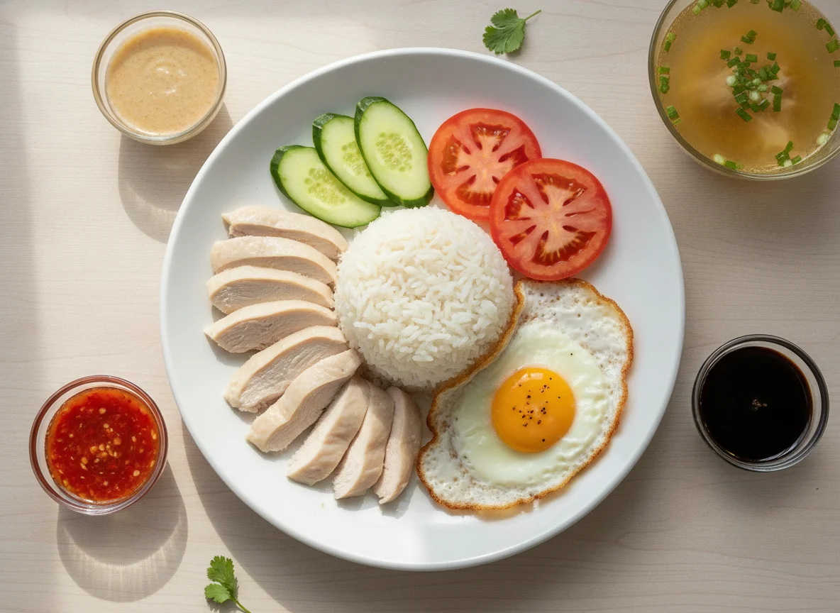 Pollo Hainan con huevos fritos y arroz photo
