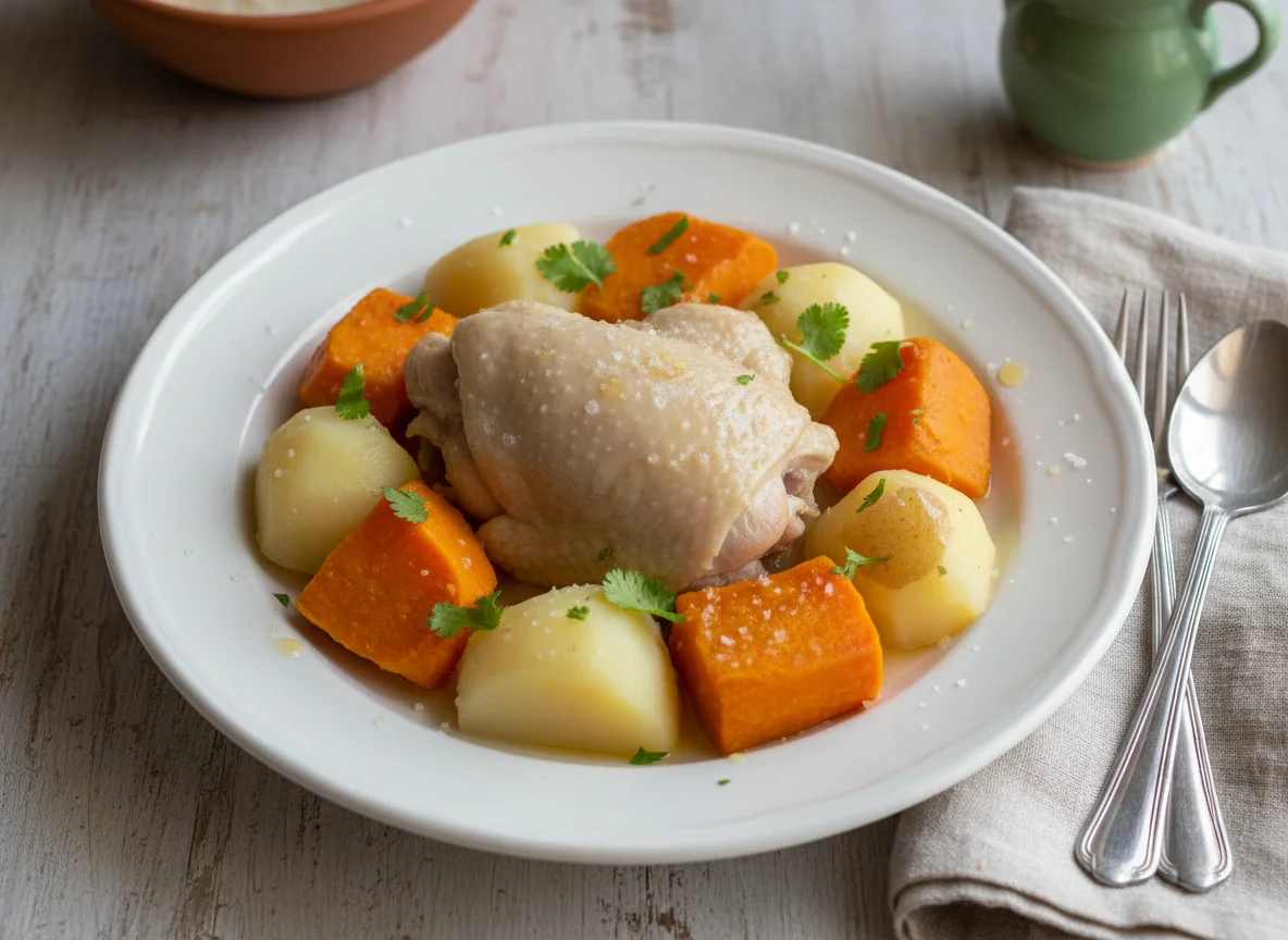 Pollo hervido con papa y batata photo