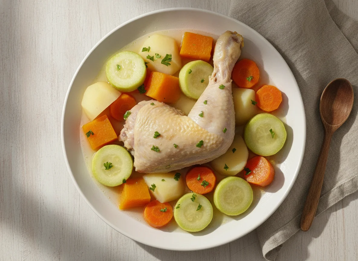 Pollo hervido con vegetales al vapor photo