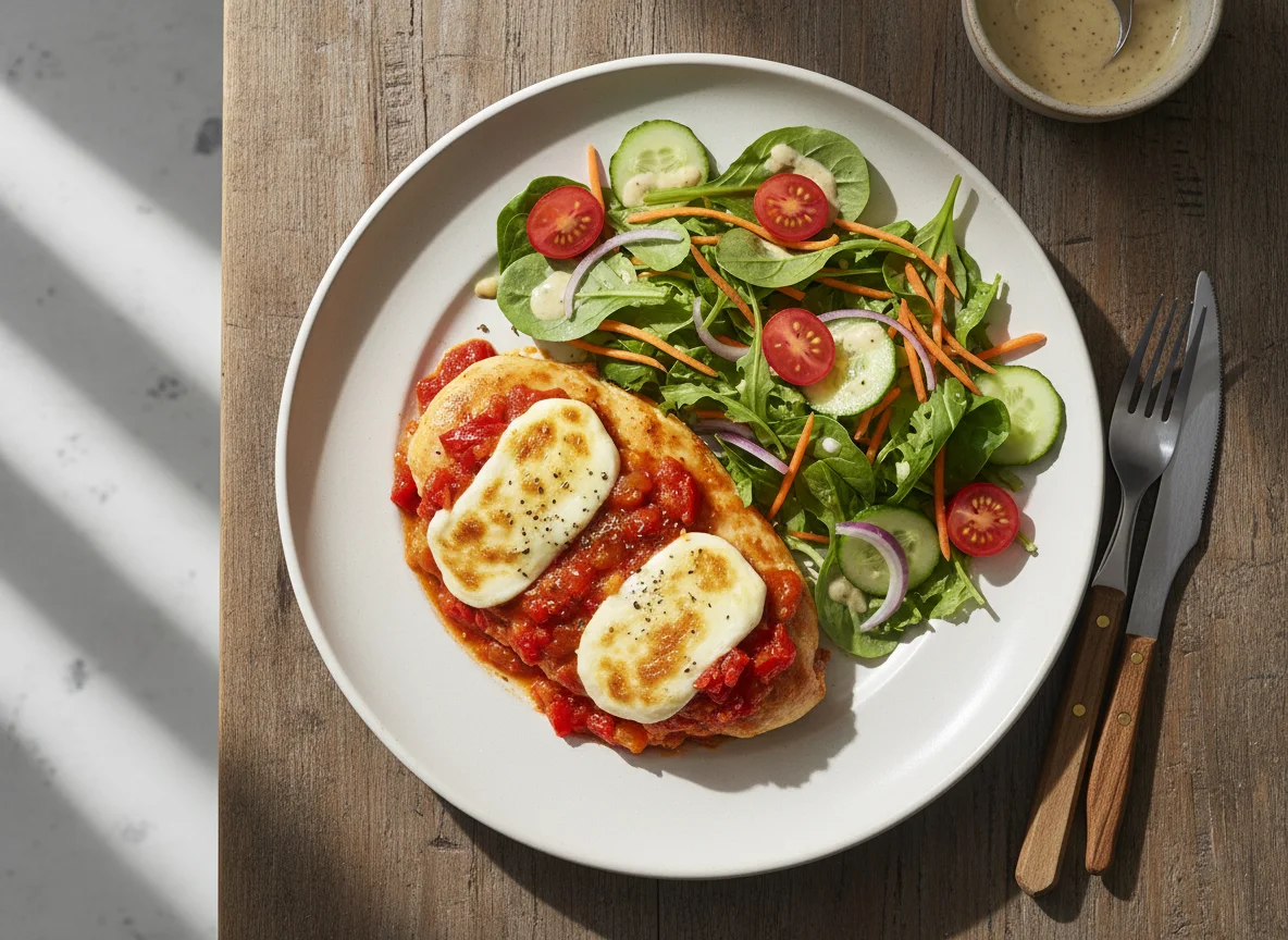 Pollo horneado con queso y ensalada photo