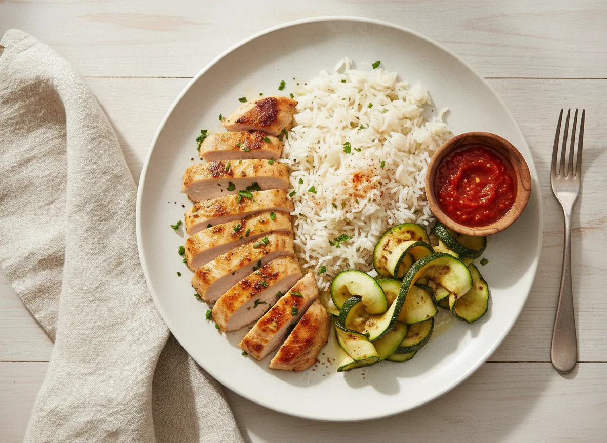 Pollo laminado con arroz basmati y calabacín photo