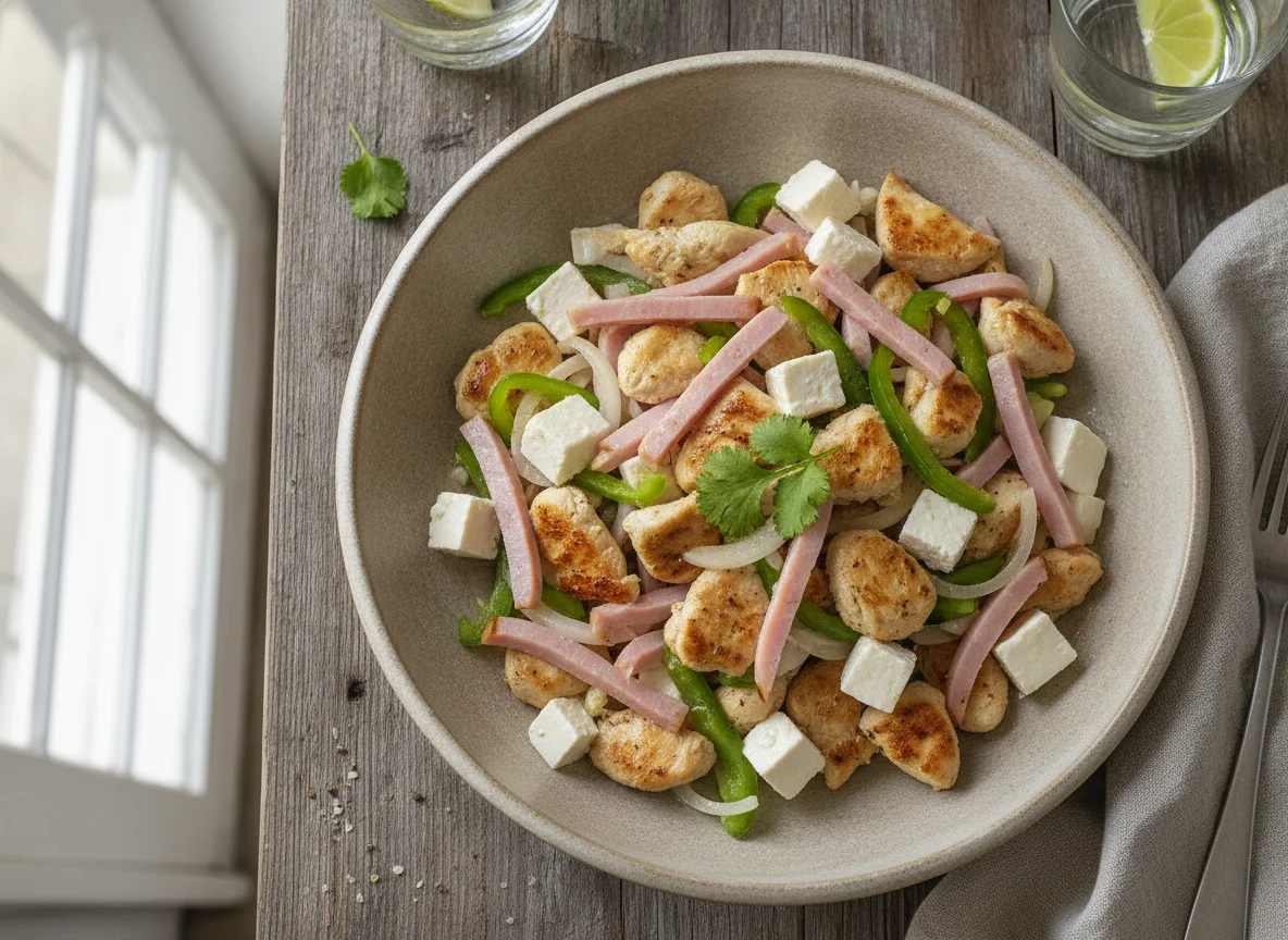 Pollo picado con ensalada de jamón y queso photo