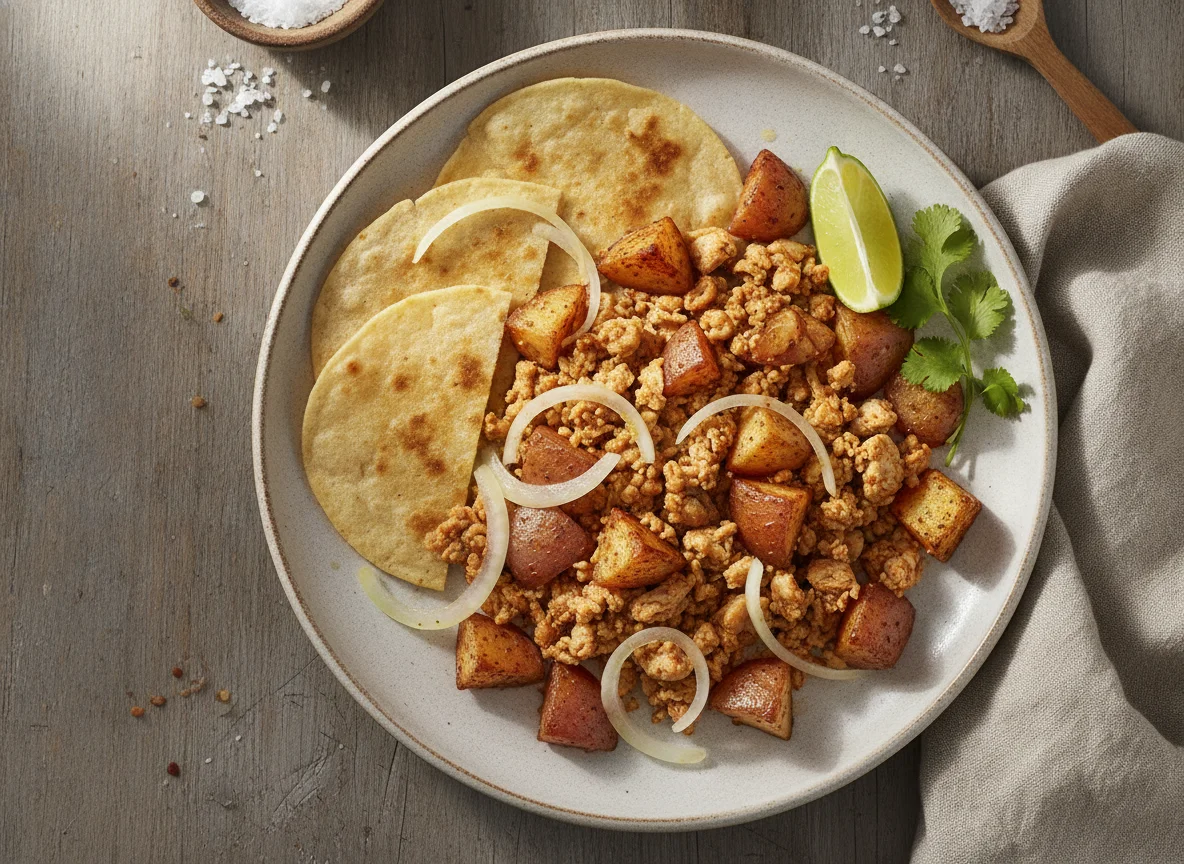 Pollo picado con papas rojas y tortilla photo