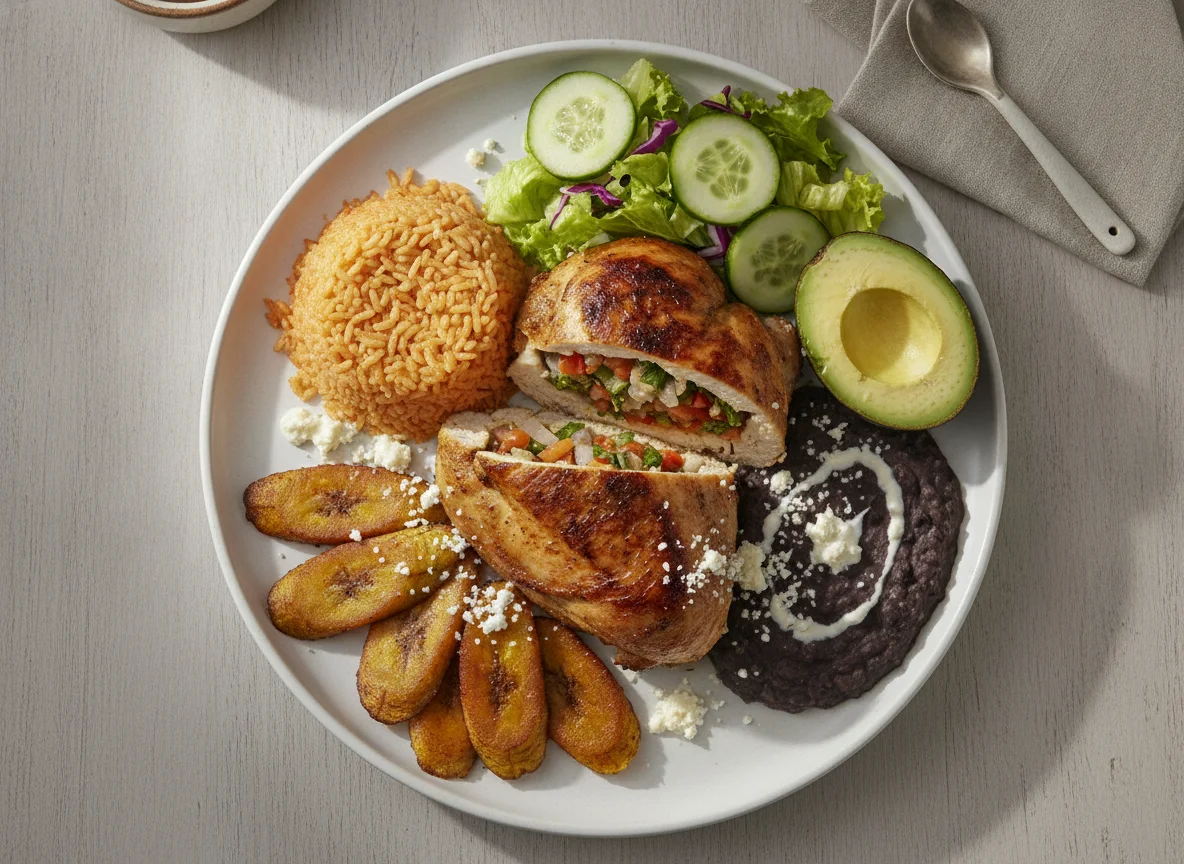 Pollo relleno con arroz, frijoles y plátanos photo