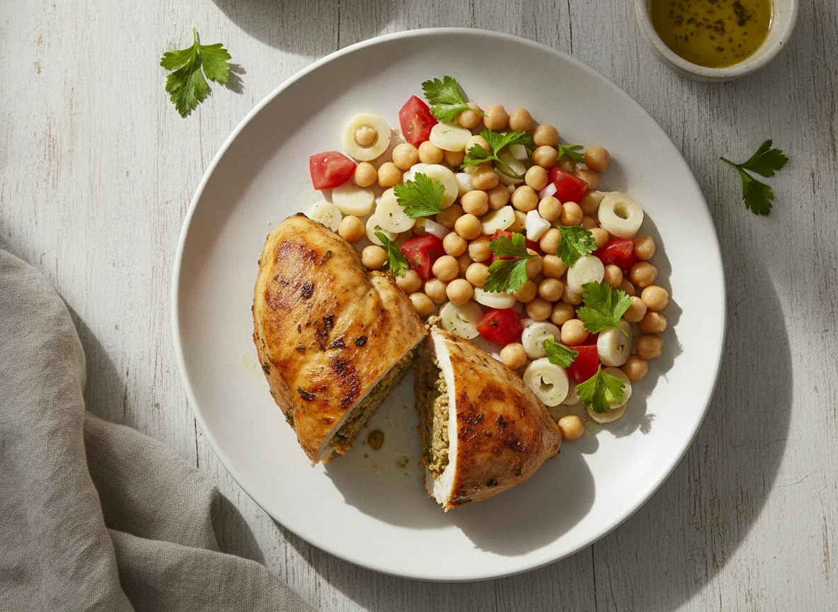 Pollo relleno con ensalada de garbanzos y palmitos photo