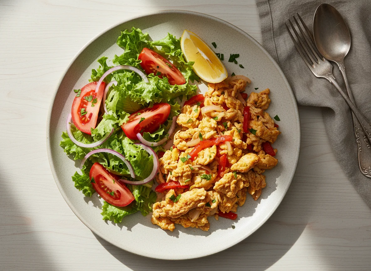Pollo revuelto con huevos y ensalada photo