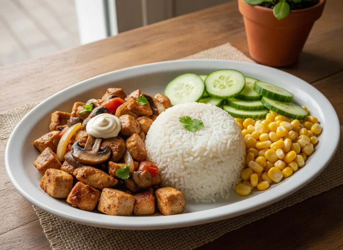 Pollo saltado con arroz, pepino y choclo con mayo photo