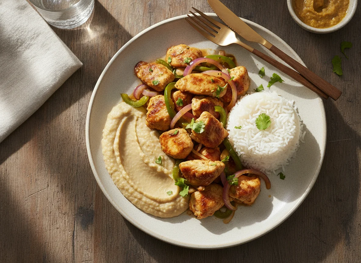 Pollo saltado con arroz y puré de pallares photo