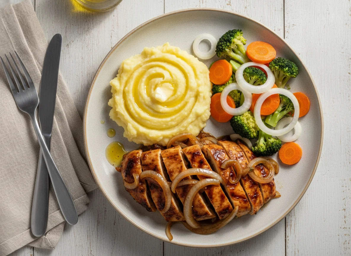 Pollo saltado con puré de papa y ensalada de verduras photo