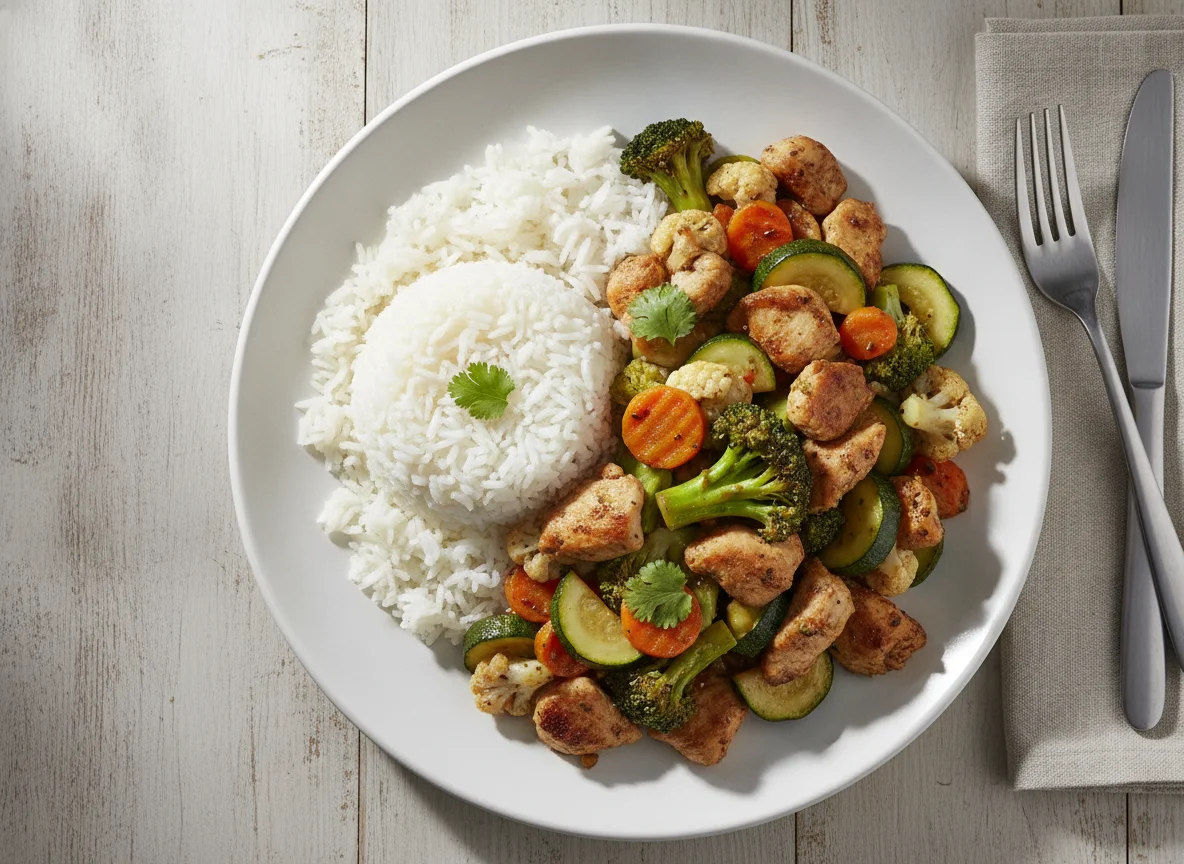 Pollo saltado con verduras y arroz blanco photo