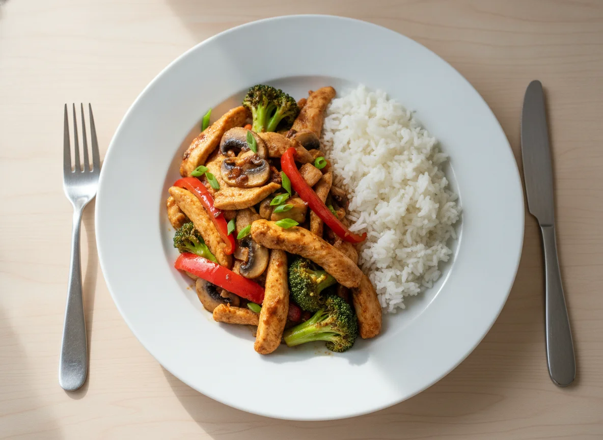 Pollo saltado con verduras y arroz photo