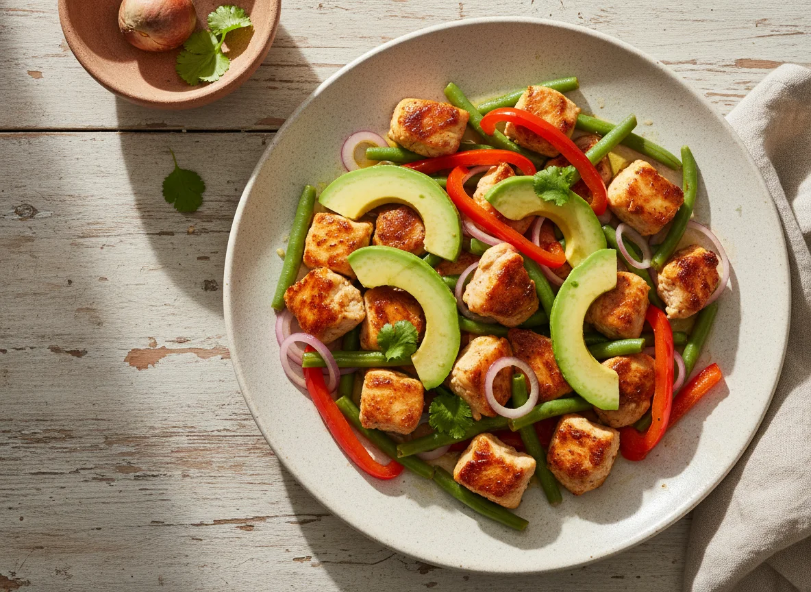 Pollo salteado con aguacate y vegetales photo