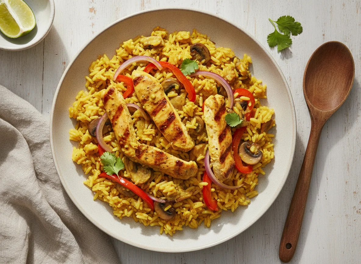 Pollo salteado con arroz amarillo y champiñones photo