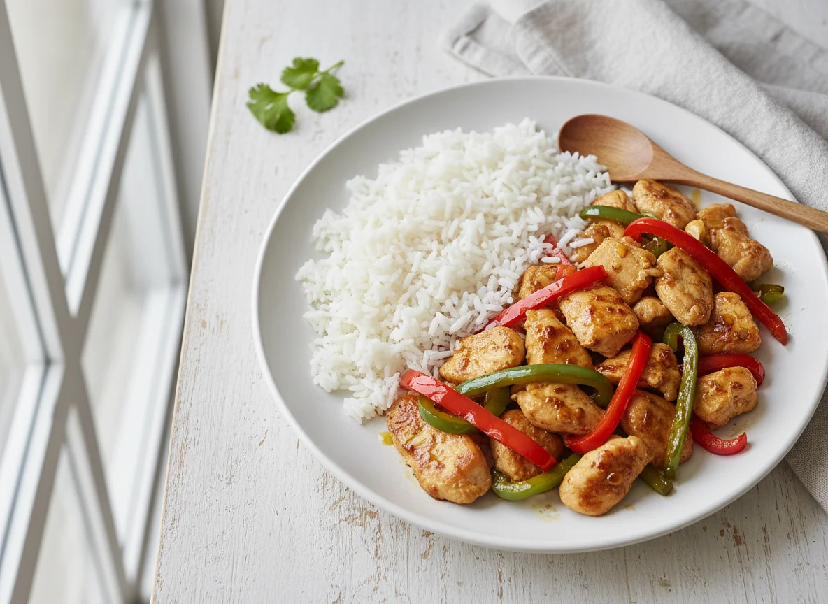 Pollo salteado con arroz blanco photo