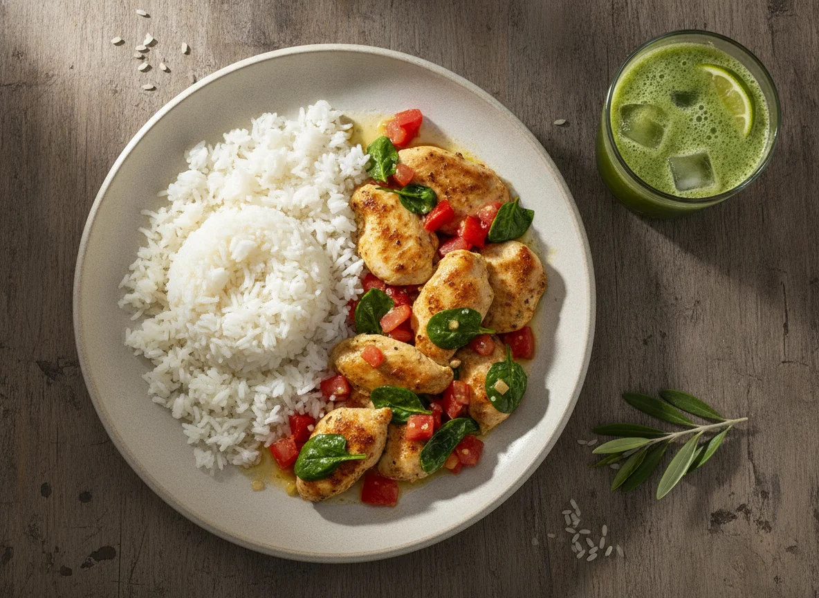 Pollo salteado con arroz, ensalada y jugo verde photo