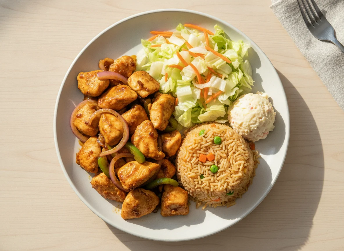 Pollo salteado con arroz frito y ensalada photo