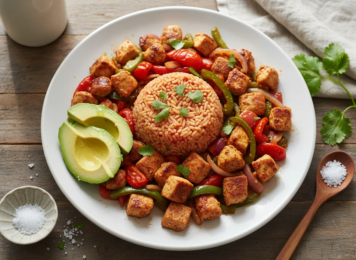 Pollo salteado con arroz rojo y aguacate photo