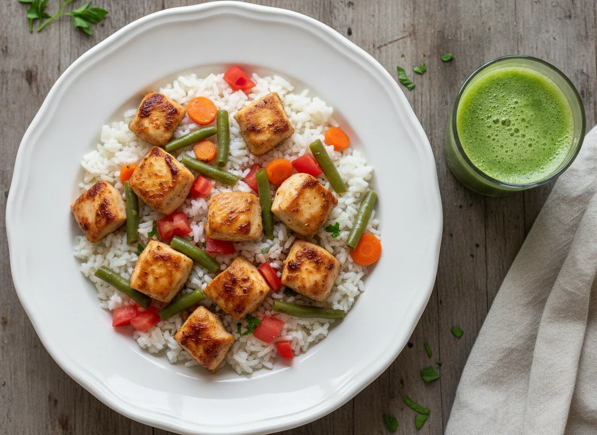 Pollo salteado con arroz, tomate y jugo verde photo