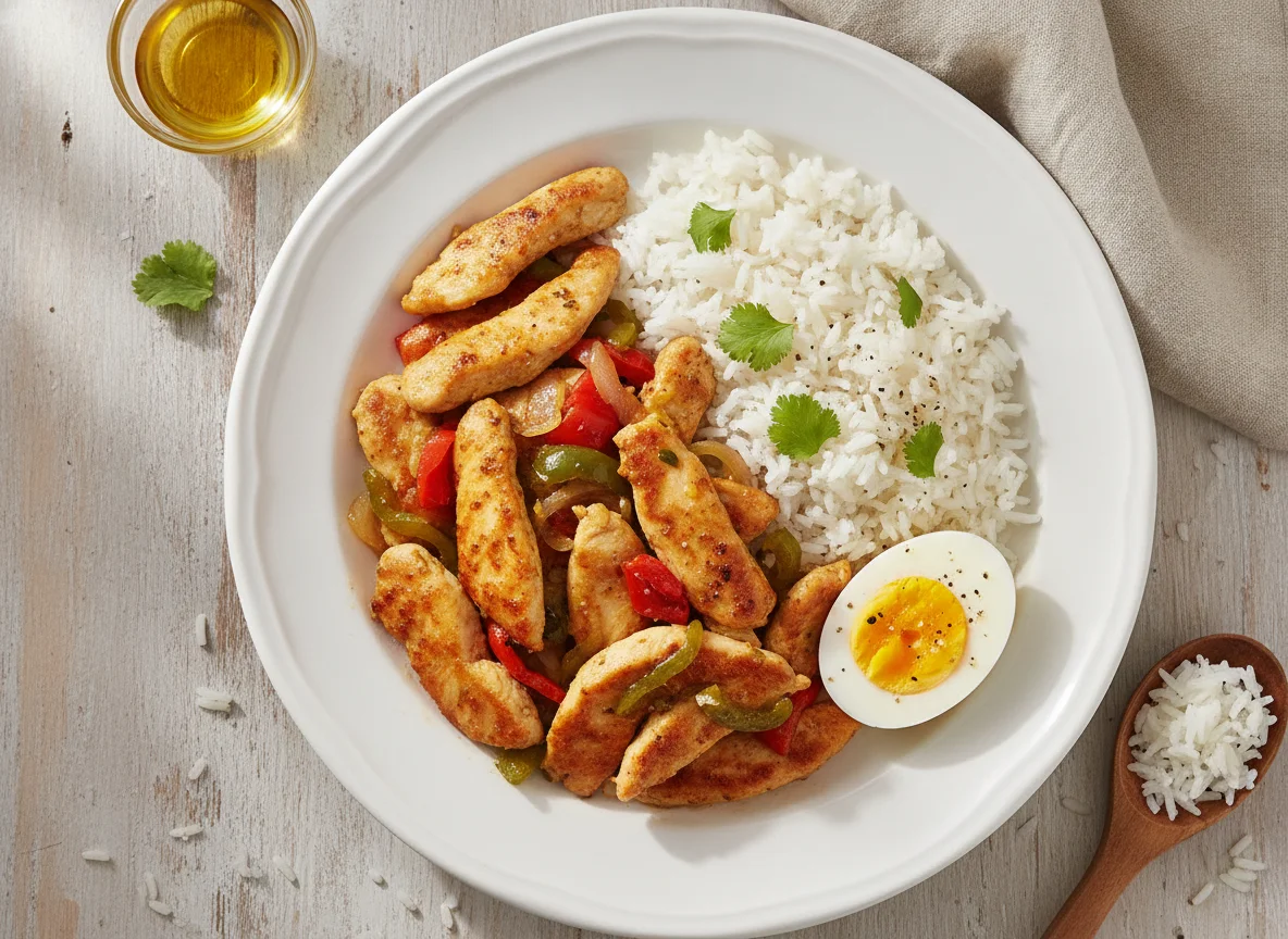 Pollo salteado con arroz y huevo duro photo