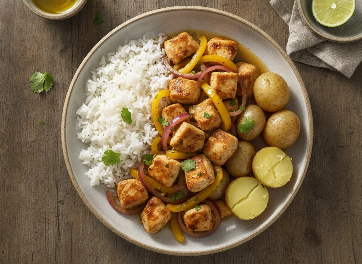 Pollo salteado con arroz y papas hervidas photo