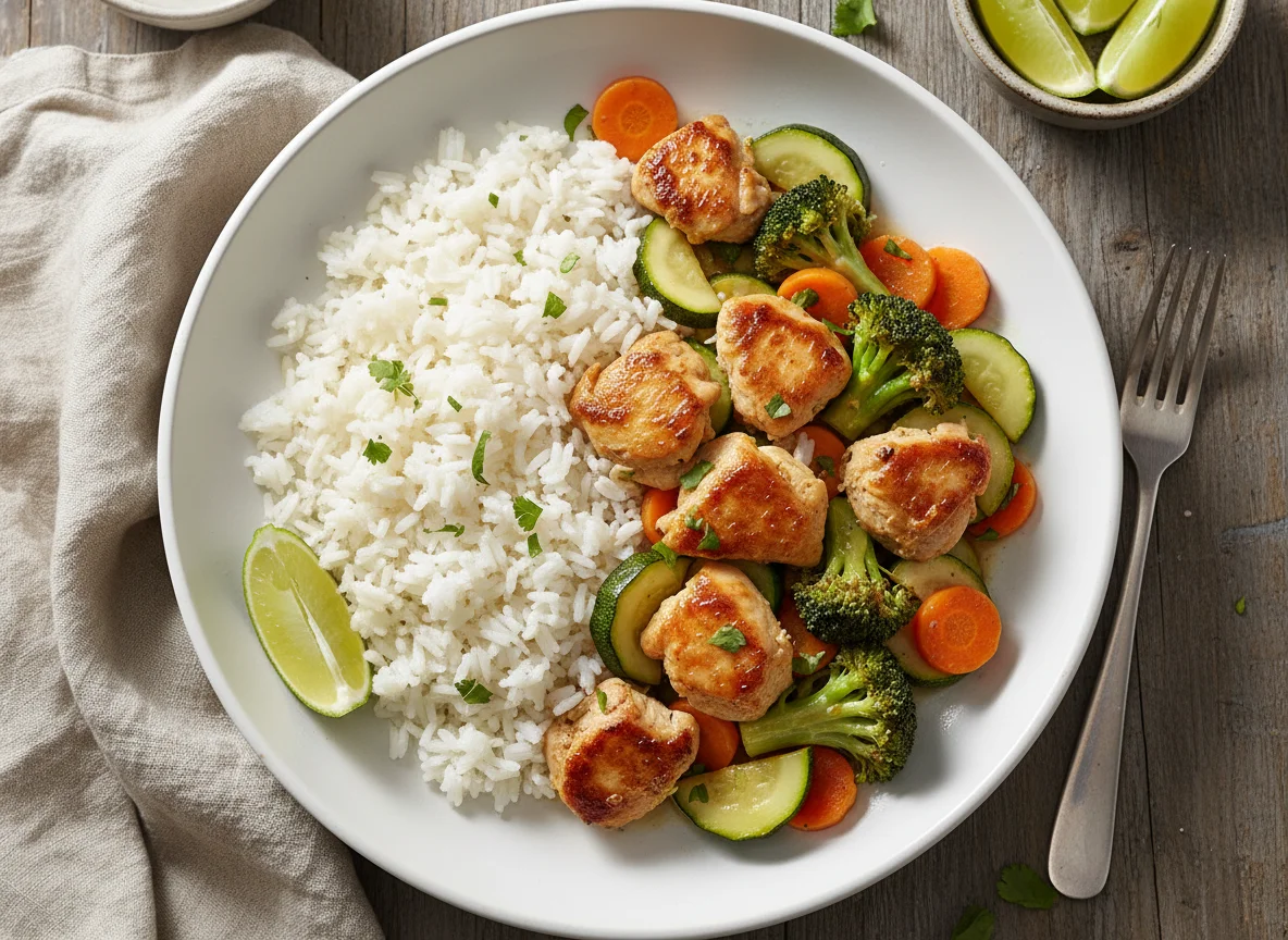 Pollo salteado con arroz y vegetales photo