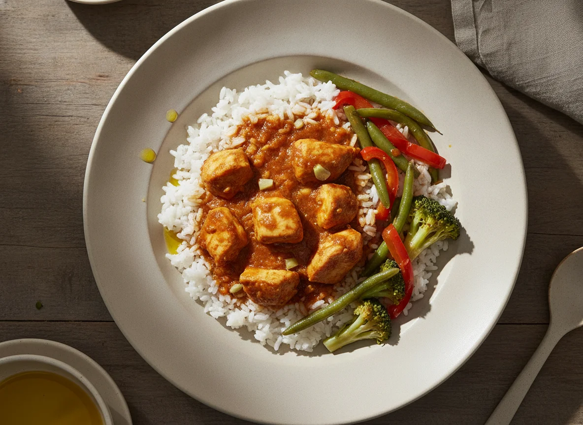 Pollo salteado con arroz y verduras photo