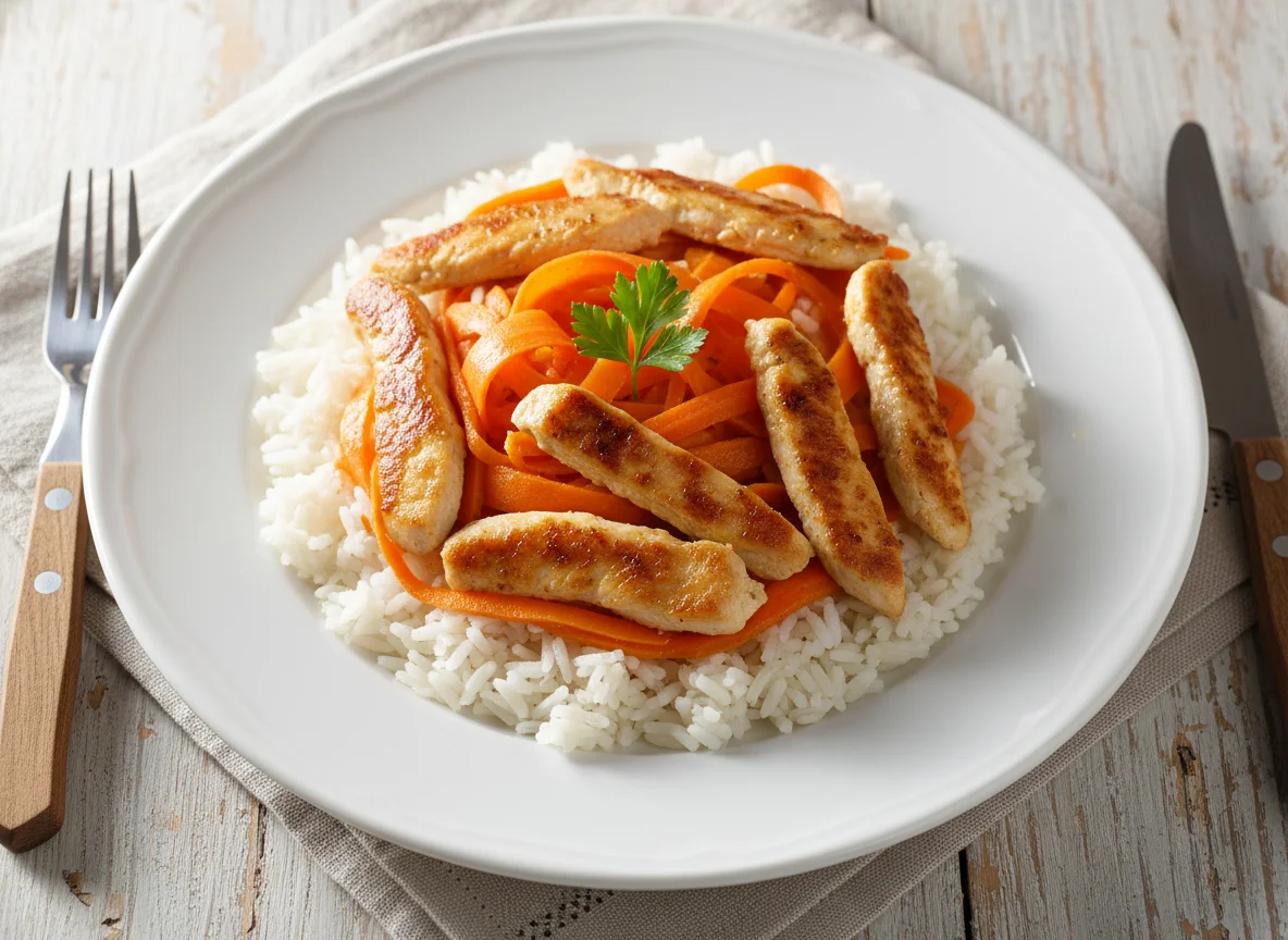 Pollo salteado con arroz y zanahoria photo