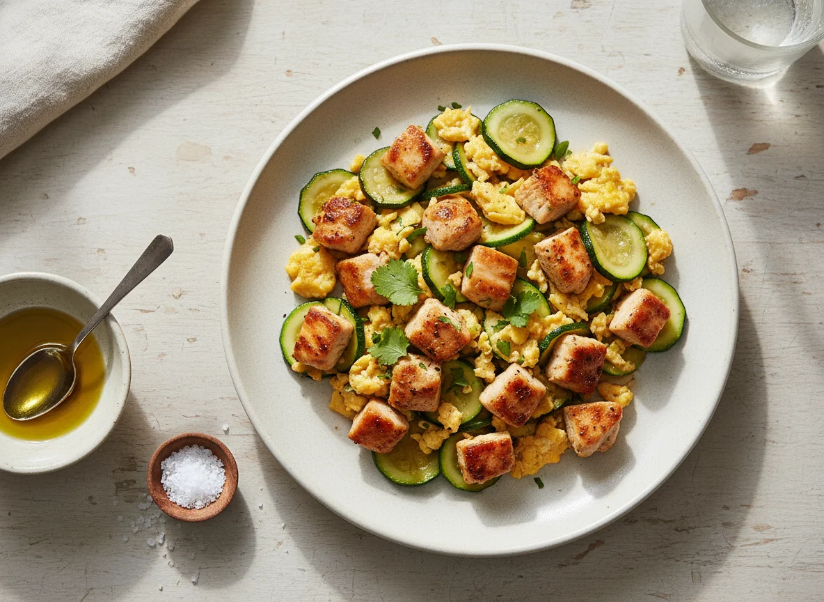 Pollo salteado con calabacitas y huevo revuelto photo