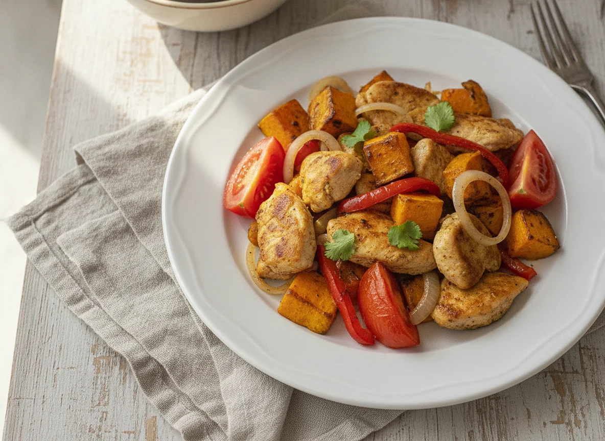 Pollo salteado con calabaza y tomates photo