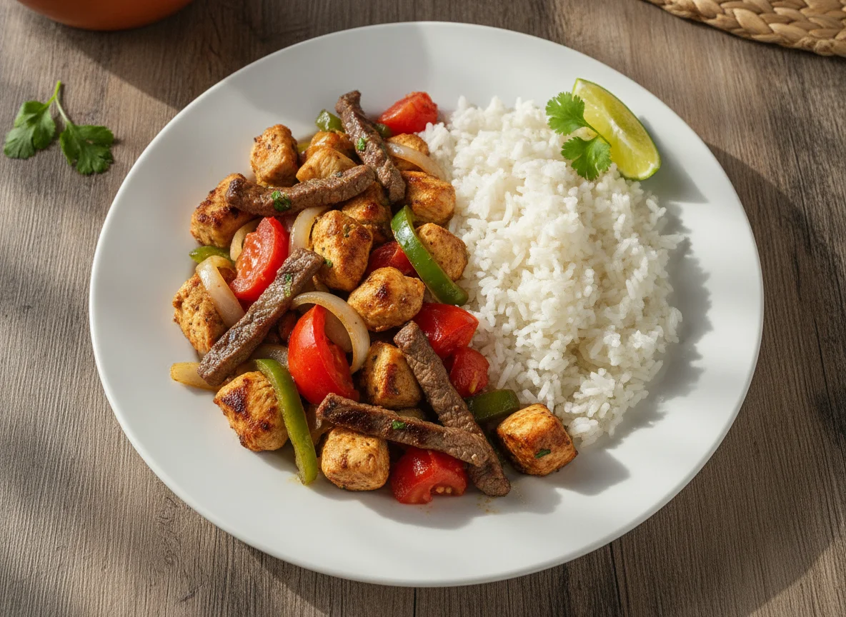 Pollo salteado con carne de res y arroz photo