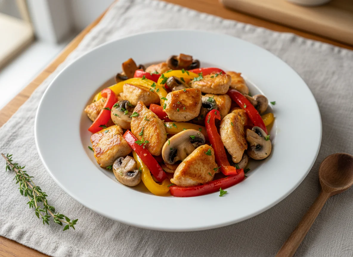Pollo salteado con champiñones y pimientos photo