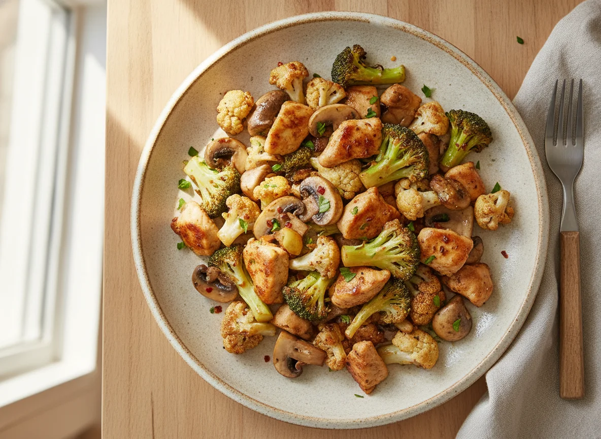 Pollo salteado con coliflor, brócoli y champiñones photo
