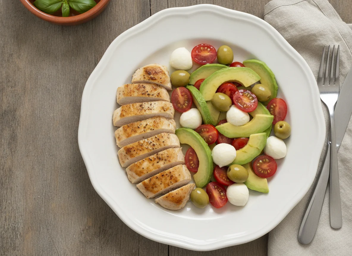 Pollo salteado con ensalada de aguacate, tomate y mozzarella photo