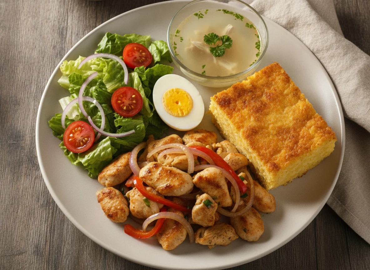 Pollo salteado con ensalada fresca, huevo y sopa paraguaya photo