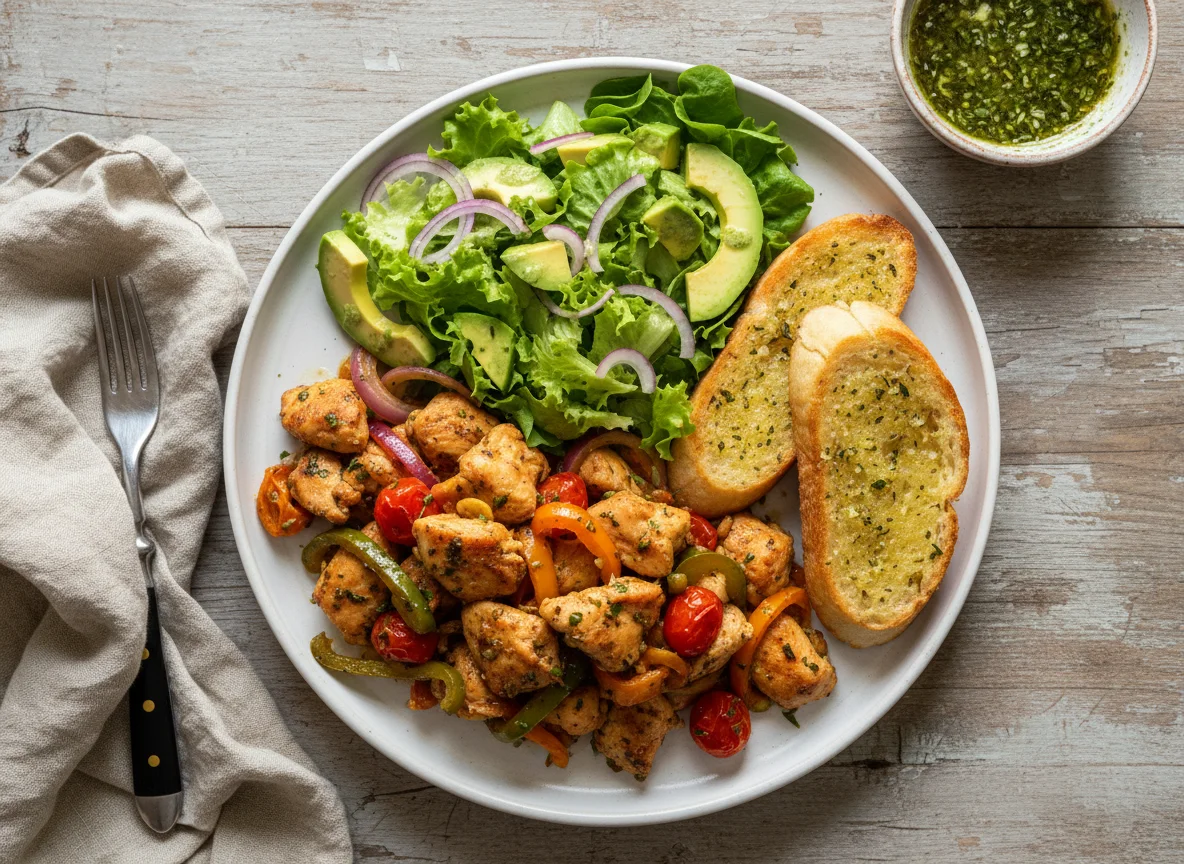 Pollo salteado con ensalada y pan de ajo photo