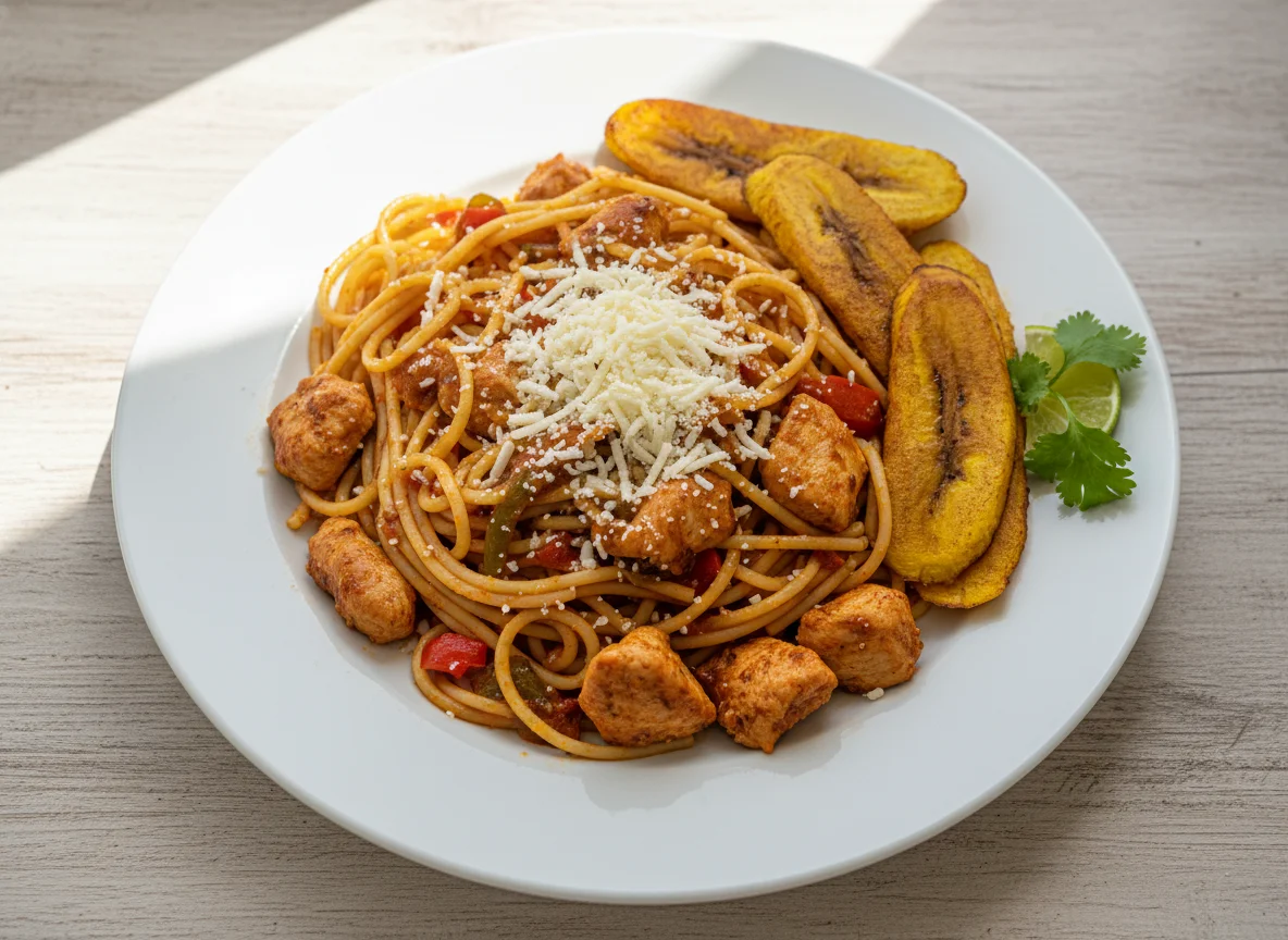 Pollo salteado con espagueti, tajadas y queso rallado photo