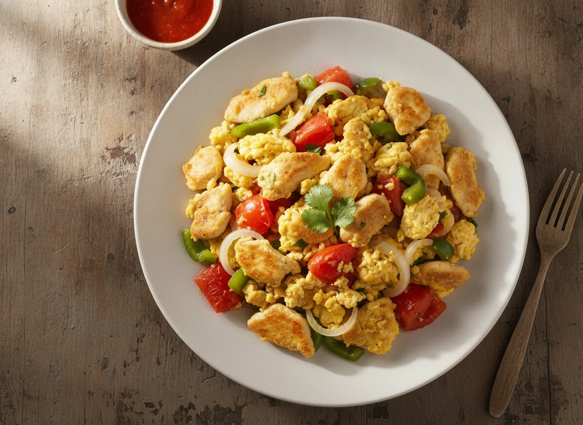Pollo salteado con huevos revueltos y verduras photo