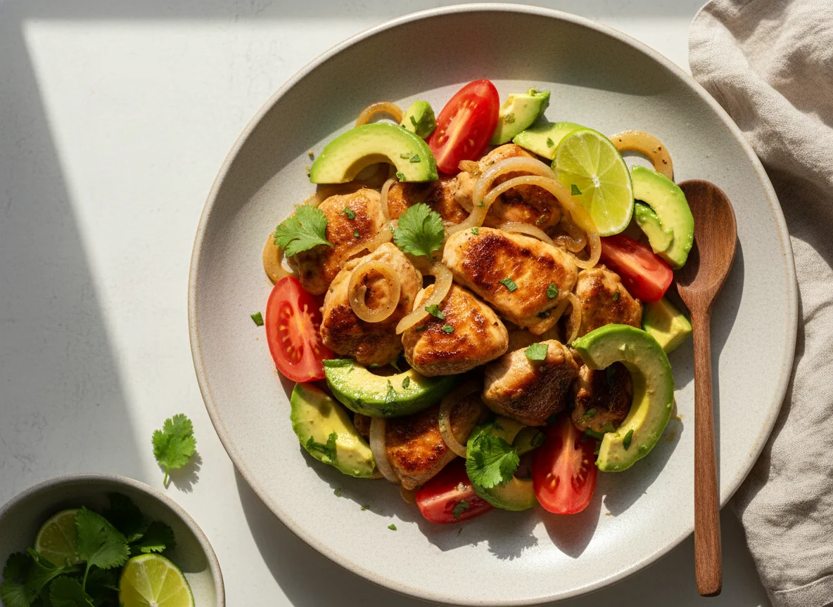 Pollo salteado con palta y tomate photo