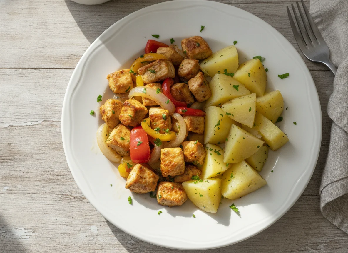 Pollo salteado con papas cocidas photo