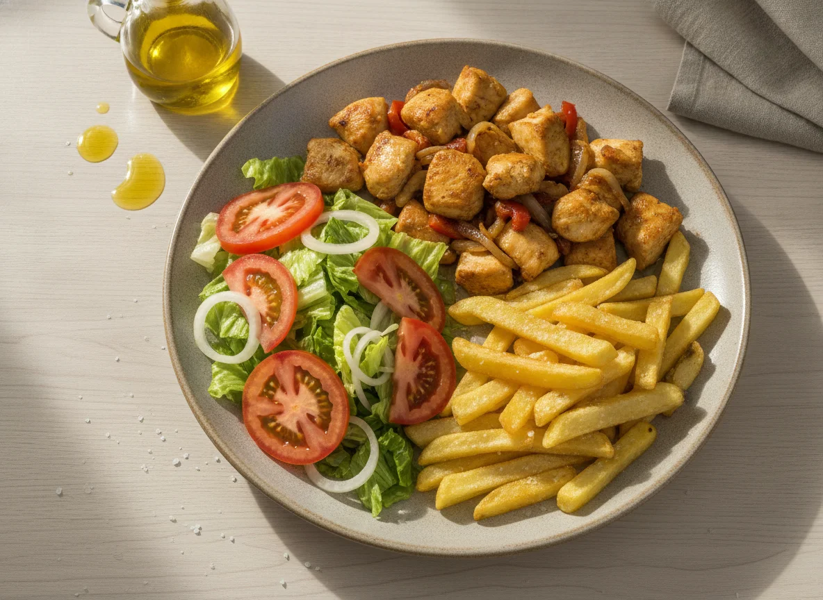 Pollo salteado con papas fritas y ensalada photo