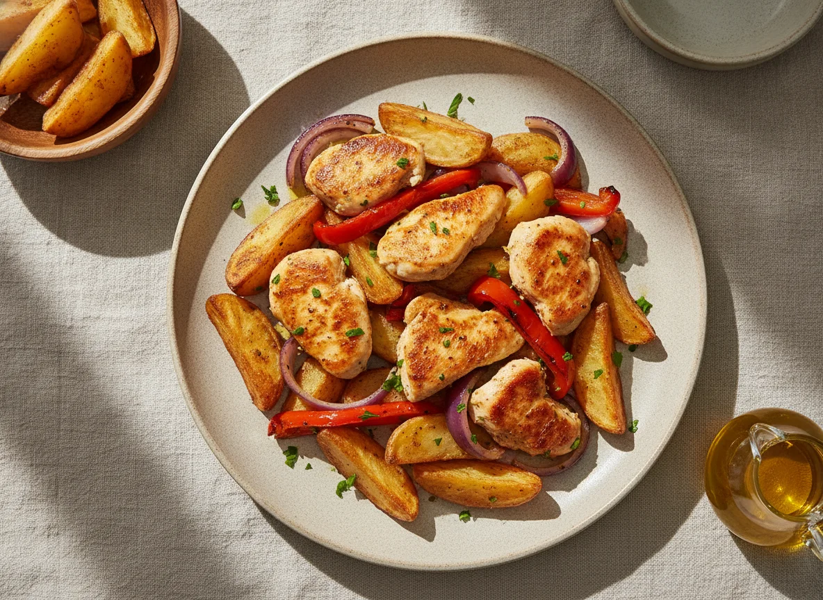 Pollo salteado con papas rústicas photo