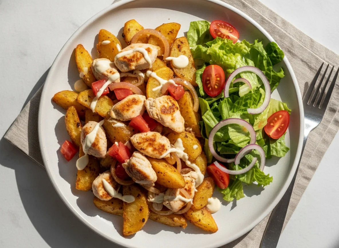 Pollo salteado con papas rústicas y ensalada photo