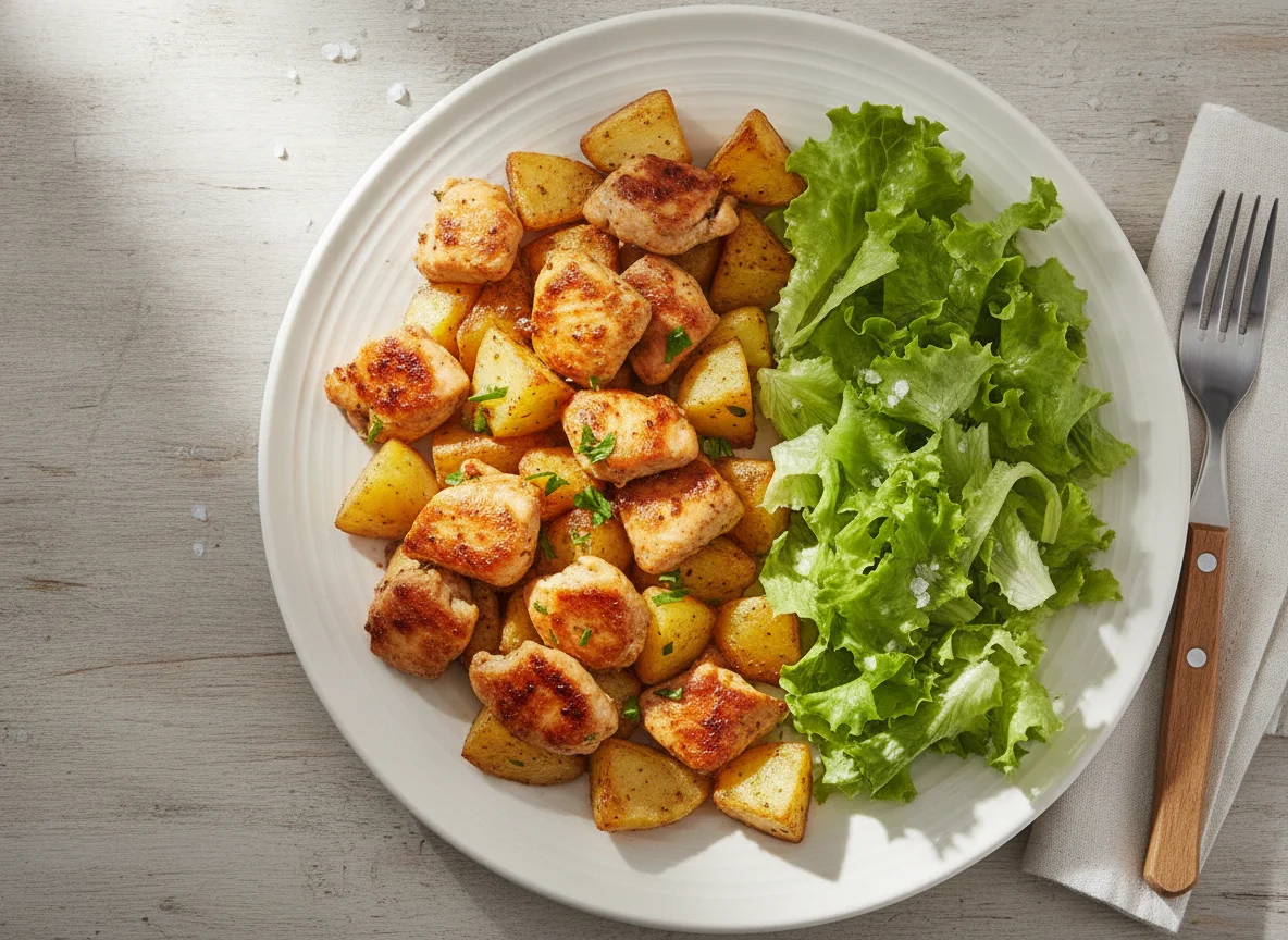 Pollo salteado con papas y ensalada photo