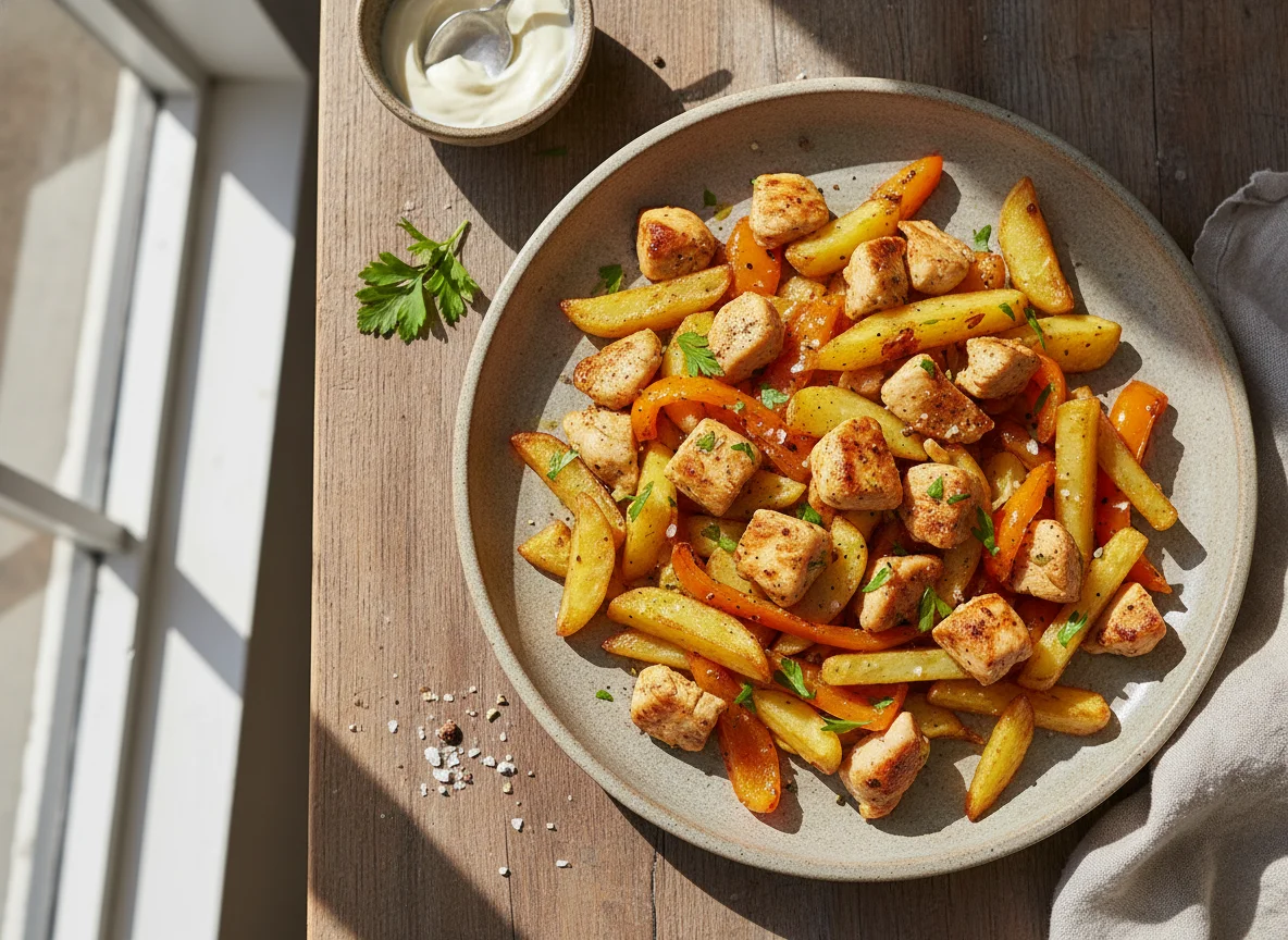 Pollo salteado con papas y pimientos photo