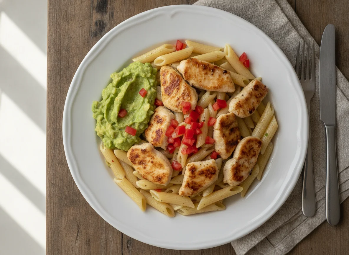 Pollo salteado con pasta y guacamole photo