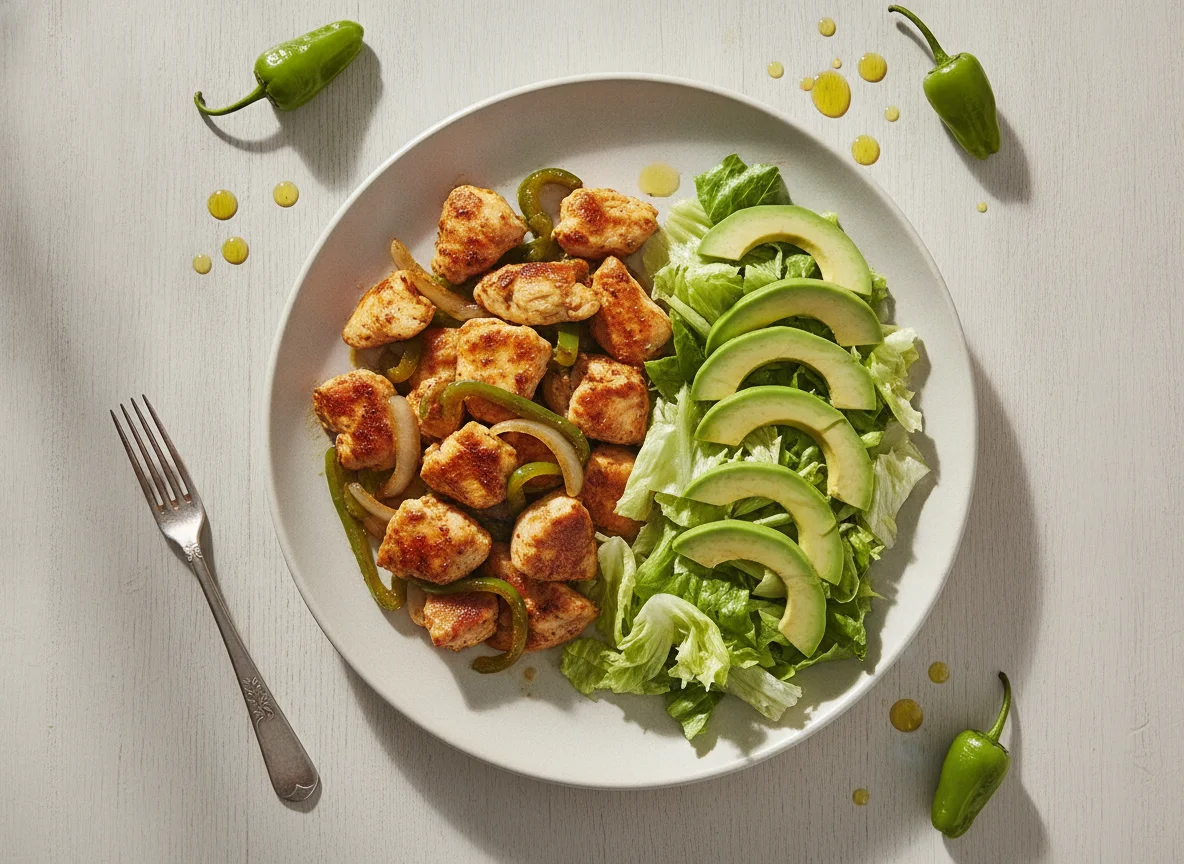 Pollo salteado con pimentón y ensalada de lechuga con palta photo