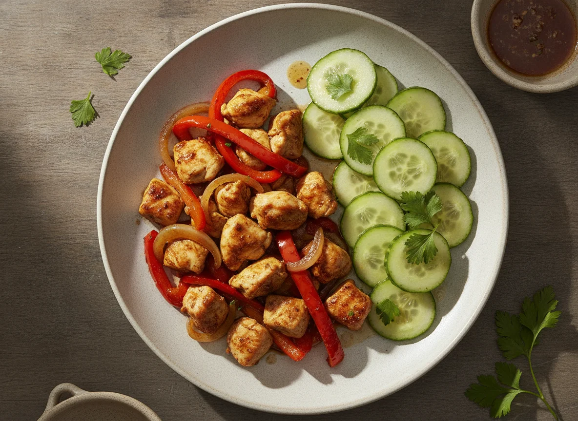 Pollo salteado con pimentón y ensalada de pepino photo